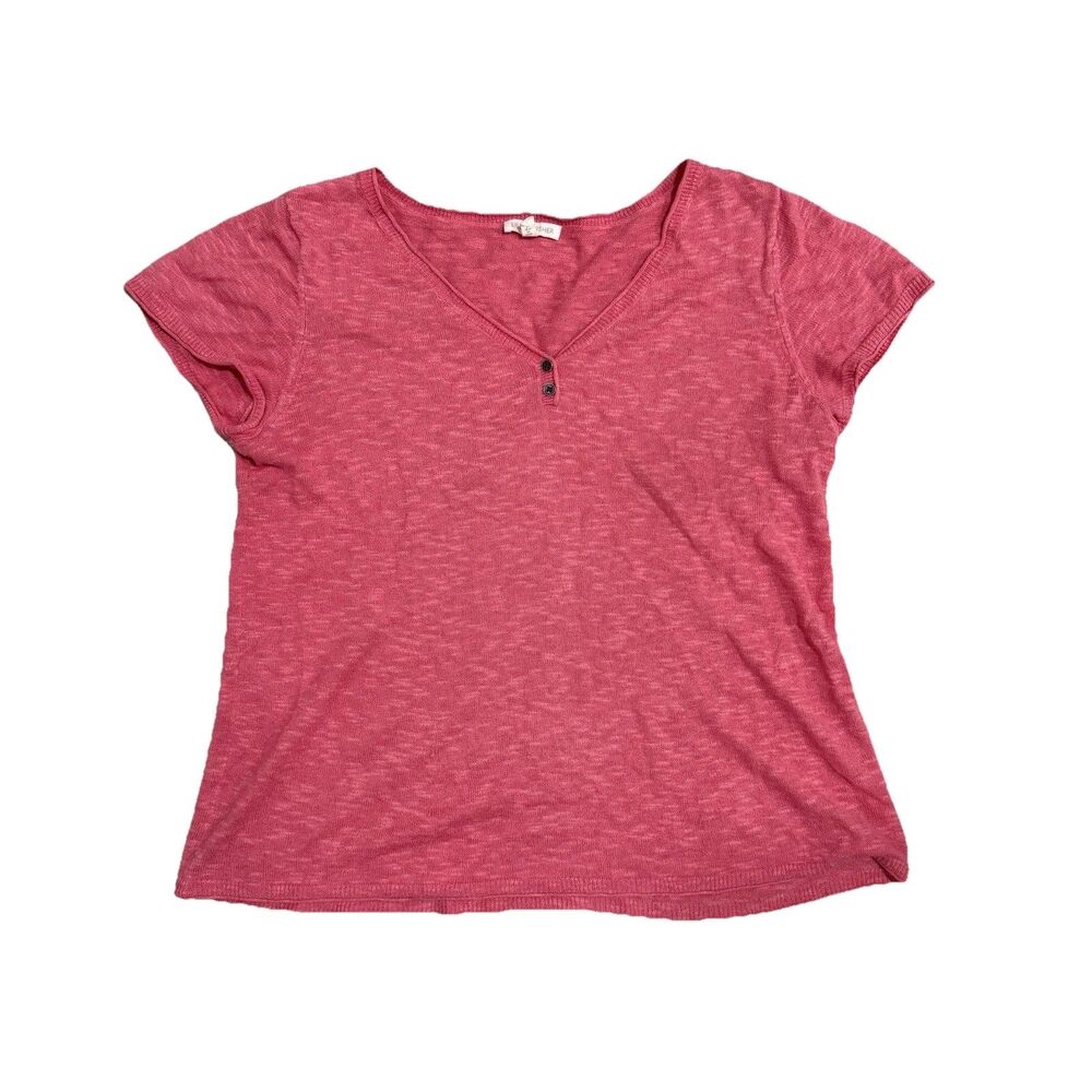 Eileen Fisher Cotton Linen Slub Short Sleeve Pink Knit Top Vneck Womens Medium M